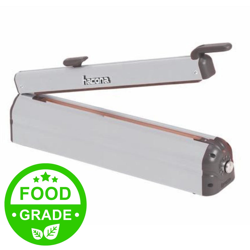 Hacona CI-420 heat sealer on a white background with a geen logo showing it is food grade