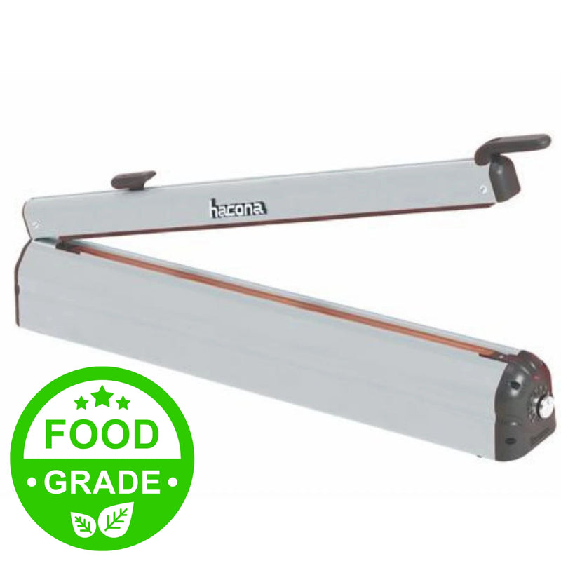Hacona CI-620 heat sealer on a white background with a geen logo showing it is food grade
