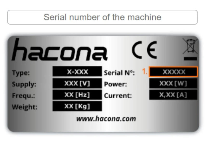 Instructions on how to find the serial number of a Hacona Heat Sealer for when spare parts are required.