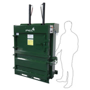 PEL1500 industrial compactor baler with a silhouette of a person for scale on a white background