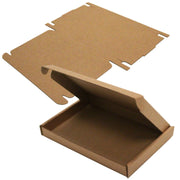 A brown diecut cardboard postal box with a flap open, showing the interior. The box is flat-packed that is made from recycled cardboard on a white background