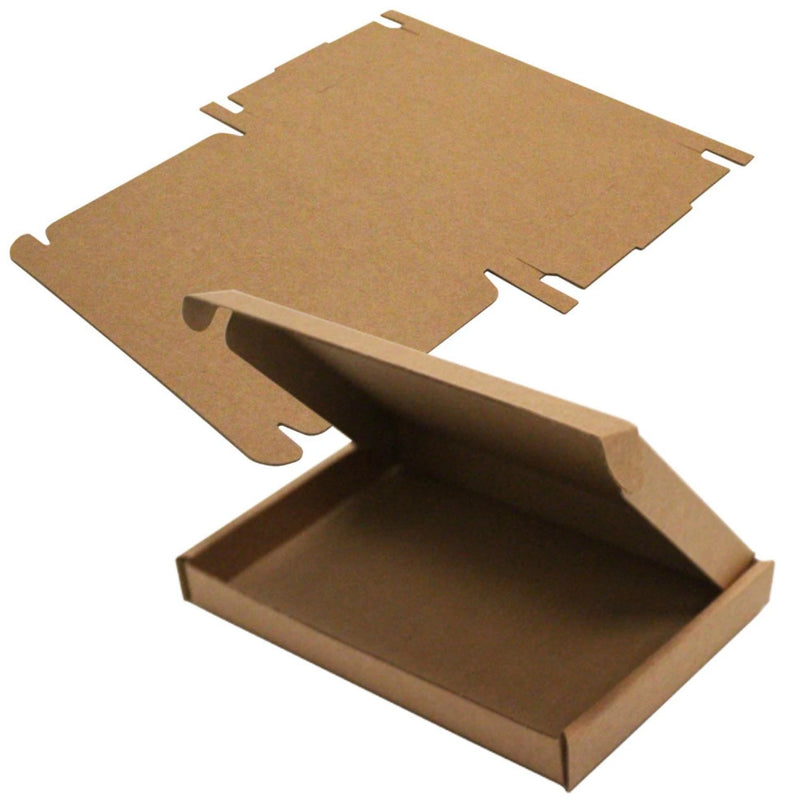 A brown diecut cardboard postal box with a flap open, showing the interior. The box is flat-packed that is made from recycled cardboard on a white background