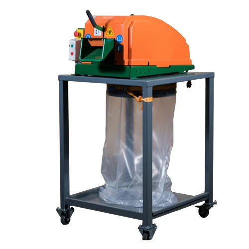 A Sweed CE300 Strapping Chopper mounted on a metal frame with wheels, and a large clear bag