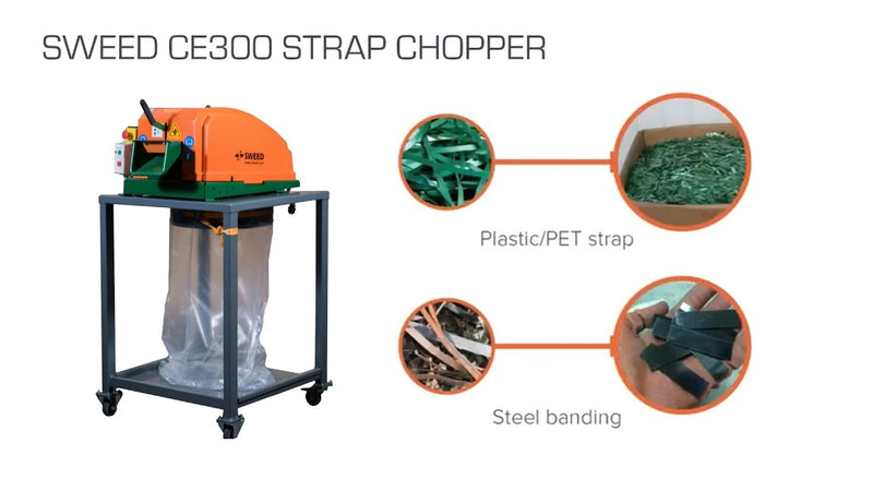 Sweed CE300 palllet strapping chopper beside an illustration of plastic PET strapping and steel banding which it can chop up.