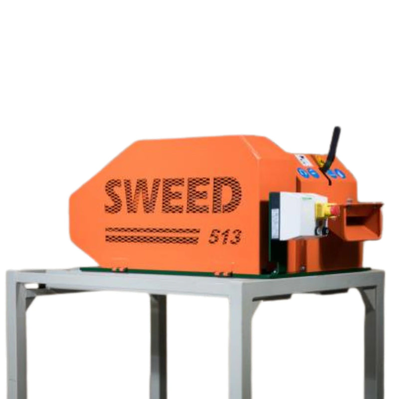 Close-up image of a Sweed CE513 strapping chopper machine resting on a grey metal frame on a white background