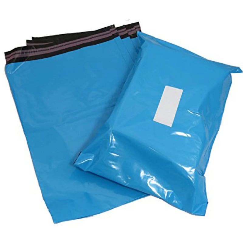 blue poly mailing bags with one mailing bag filled and sealed on a white background