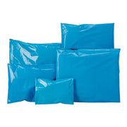 various different sizes of blue poly mailing bags on a white background