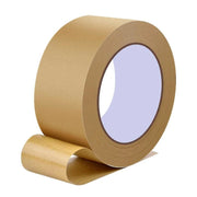 A roll of brown paper sealing tape with a partial unroll showing the adhesive side.