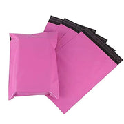 pink poly mailing bags with one filled and the others empty on a white background