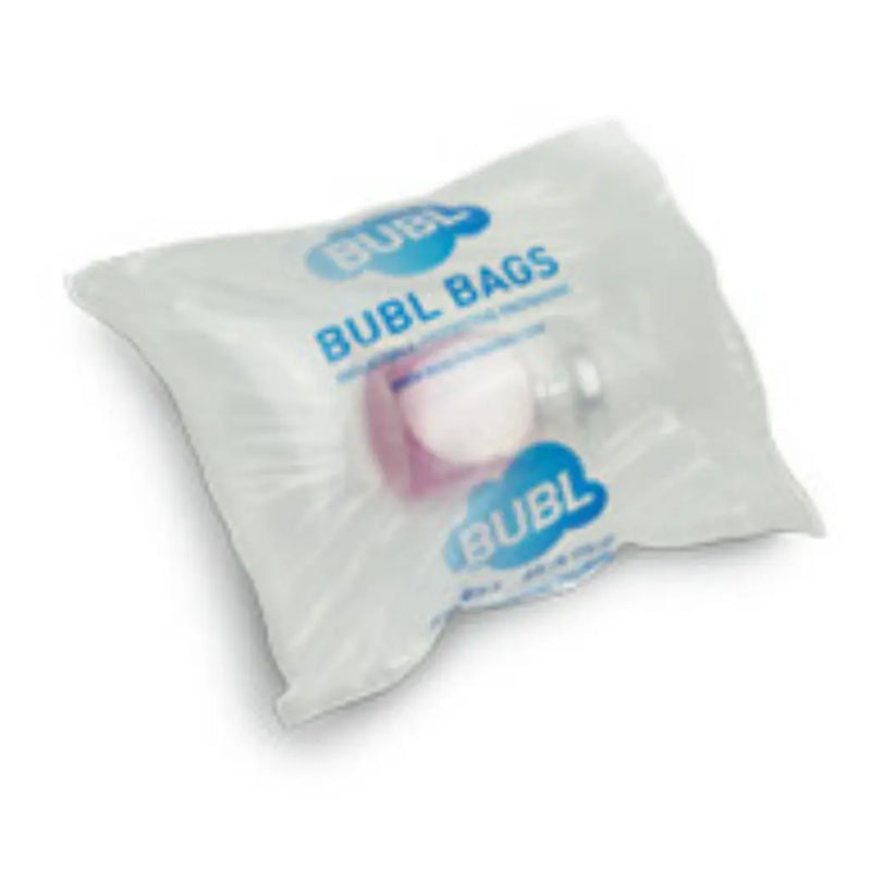 Bubl air cushioning bag 200mm x 200mm protecting a small bottle on a white background