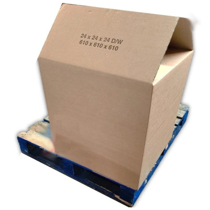 a large 610x610x610mm double walled cardboard box on a blue euro pallet for size perspective on a white background