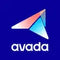 Avada logo with colorful triangles on a blue background