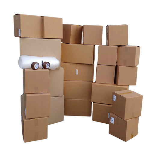 Bargain Moving Kit comprising  brown cardboard boxes of various sizes, arranged in a manner that suggests they are ready for use in a move. The set includes bubble wrap, brown sealing tape and a black felt tip pen.