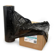 A roll of black pallet wrap that is partly wrapping a brown cardboard box on a white background