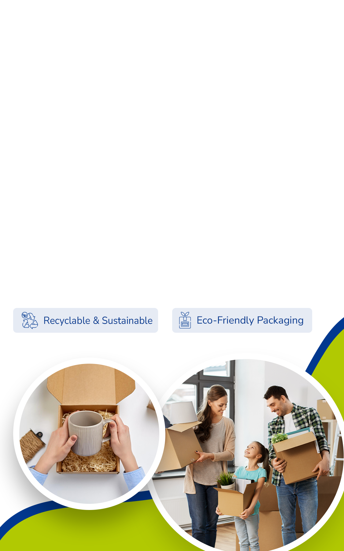 Promotional graphic for eco-friendly packaging with people using boxes and text on a white background.