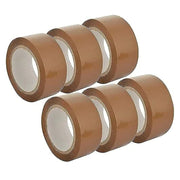 six rolls of brown tape in two rows of three on a white background