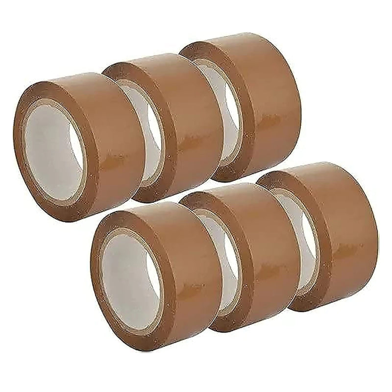 six rolls of brown tape in two rows of three on a white background