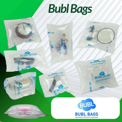 Bubl Bags category logo displaying different sizes of air inflation bags on a white and green background