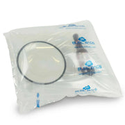 a china bowl and a bottle inside an inflated protective bubl air cushioning bag on a white background