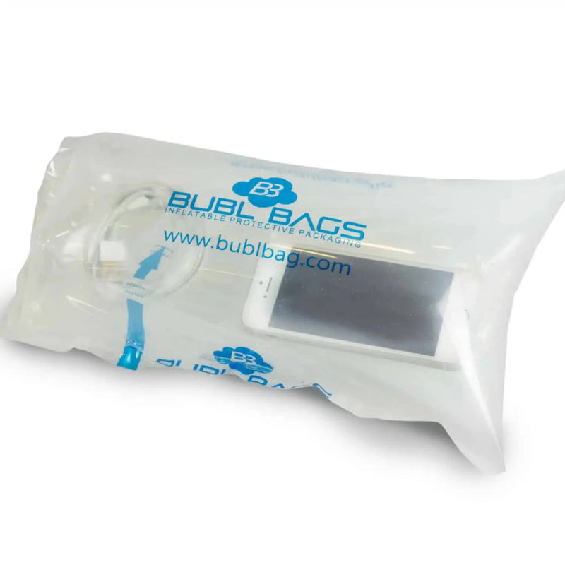 a mobile phone and power cord inside an inflated protective bubl air cushioning bag on a white background