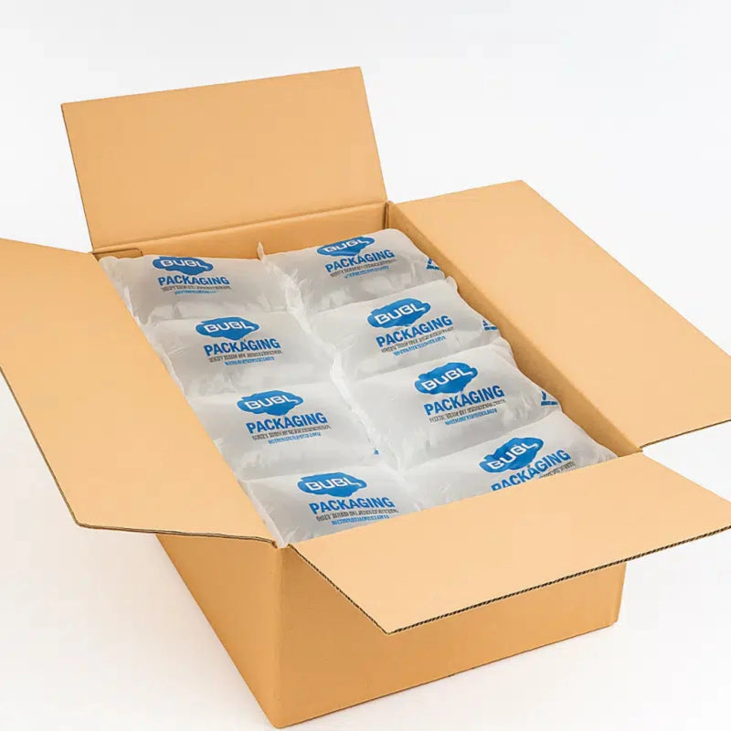 a brown cardboard box filled with inflated Bubl Void 20x20 air cushioning on a white background