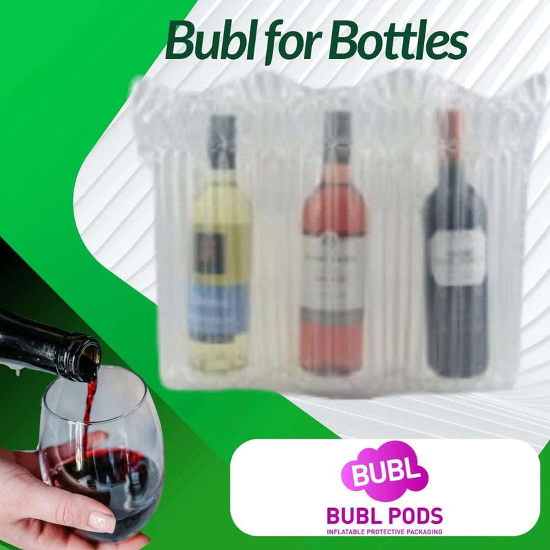 Bubl air cushioning pods for bottles category on a white and green background