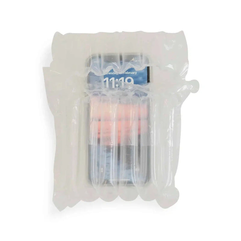 an iphone displaying its screen while in a Bubl air cushioning bag pod on a white background