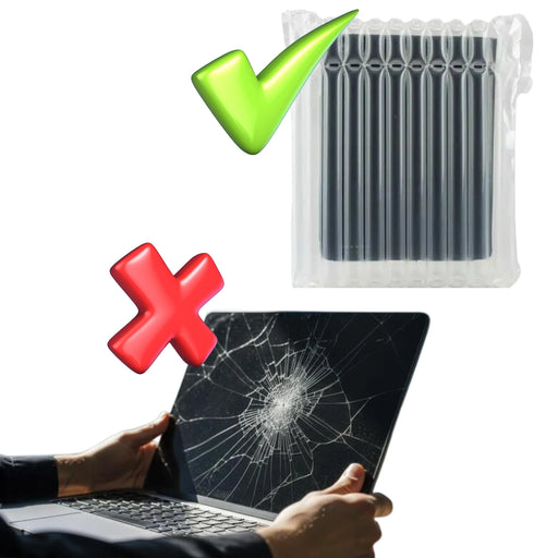a laptop with a cracked screen beside a laptop protected with Bubl Packaging suggesting that protection is preferable.
