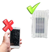 Hand holding a cracked smartphone next to a mobile phone in a protective Bubl air cushioning pod on a white background suggesting that Bubl is more protective