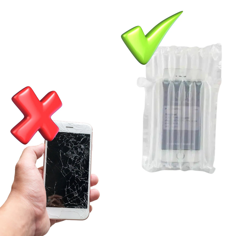 Hand holding a cracked smartphone next to a mobile phone in a protective Bubl air cushioning pod on a white background suggesting that Bubl is more protective