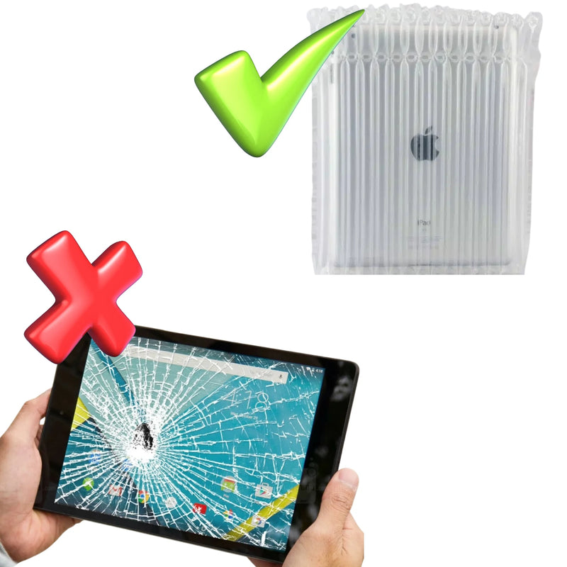a broken computer tablet with a cracked screen beside a computer tablet protected by a Bubl air cushion pod suggesting protection is better