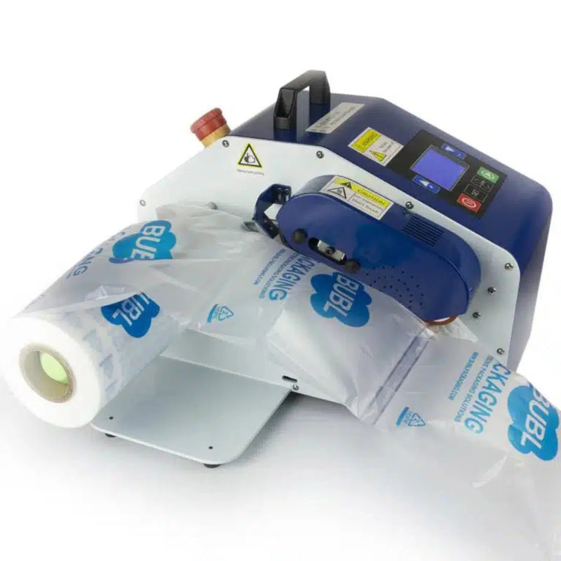Bubl inflation machine with a roll of Bubl Void air cushioning packaging on a white background
