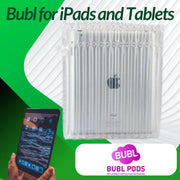 computer tablet in a Bubl air cushioning protective pod beside hands holding an operational computer tablet