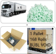 Comparison infomercial showing that 1 small pallet of Bubl Void is equivalent to 6 40' containers of packaging beans