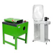 A CushionPack CP320 Cardboard Shredder beside a dust extractor on a white background