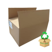 An open brown cardboard box shown on a plain white background, with a small recycling-style graphic in the lower right corner.