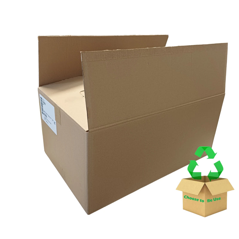 An open brown cardboard box shown on a plain white background, with a small recycling-style graphic in the lower right corner.