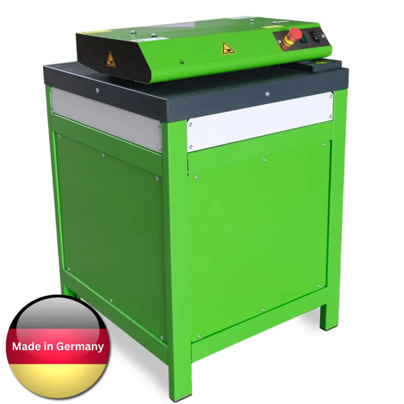 CushionPack CP422 Cardboard Shredder on a white background and a German flag confirming they are made in Germany