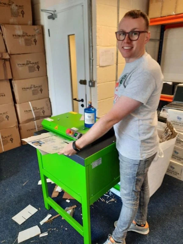 CushionPack Cardboard Shredder bought from Box Depot by Shed Distillery and shown in Shed Distillery's warehouse alongside their Drumshambo Gin.
