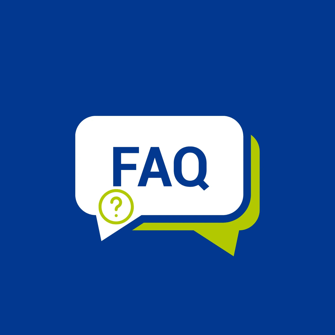 FAQ speech bubble with a question mark on a blue background