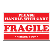 closeup of a fragile label with white text 'Please handle with care, fragile, thank you' on a red label background with a white background