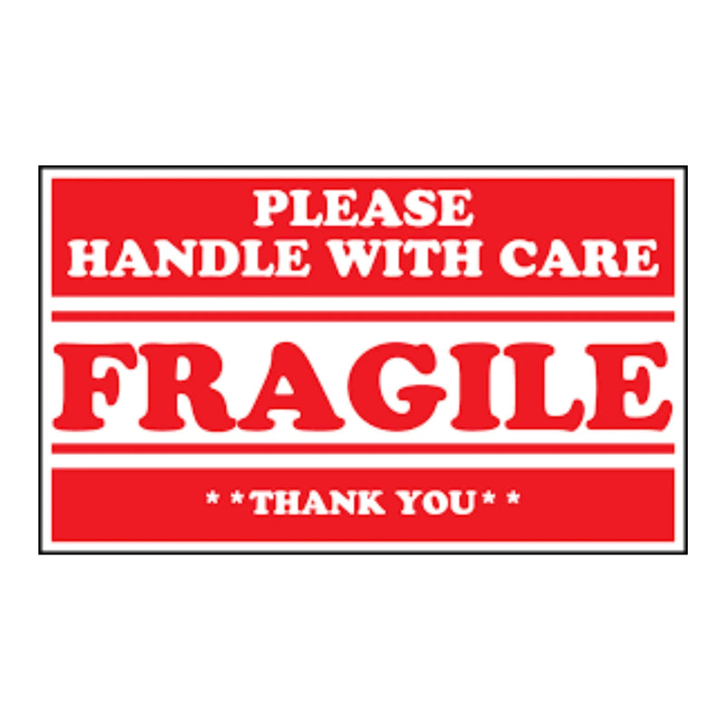 closeup of a fragile label with white text 'Please handle with care, fragile, thank you' on a red label background with a white background