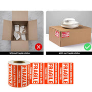 Comparison of a box with and without a fragile label, showing correct and incorrect packaging.