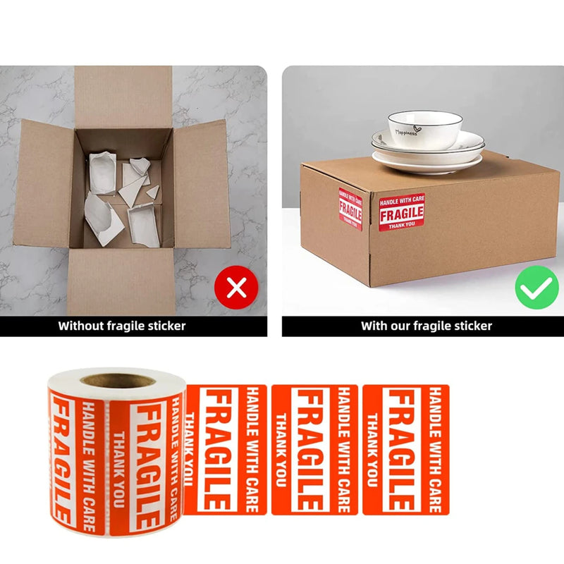 Comparison of a box with and without a fragile label, showing correct and incorrect packaging.