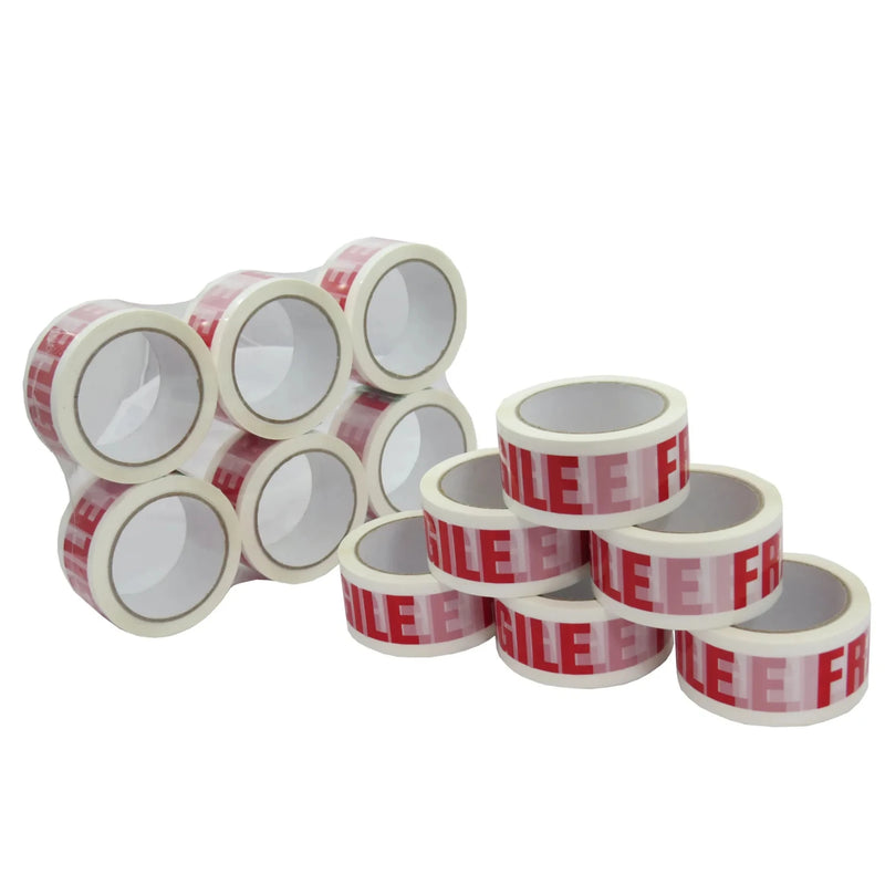 12 rolls of fragile tape on a white background, 6 rolls are in a pyramid formation while the other  are wrapped in manufacturer's plastic.