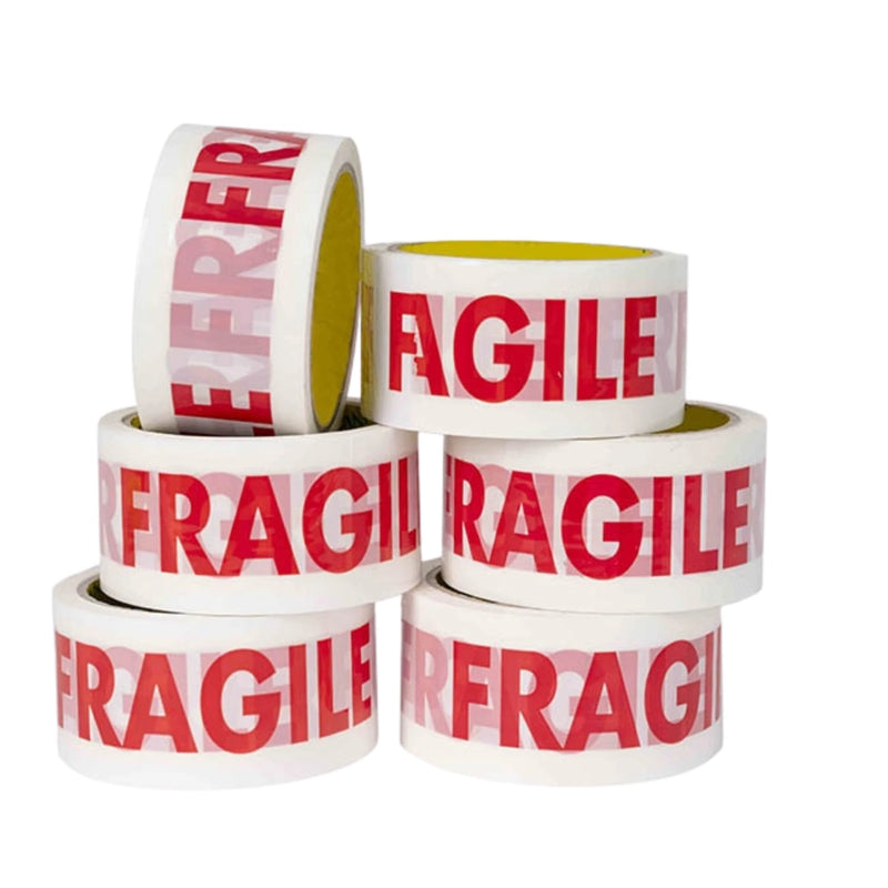 six rolls of fragile tape stacked 3-high on a white background