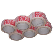 six rolls of fragile tape shrinkwrapped together on a white background