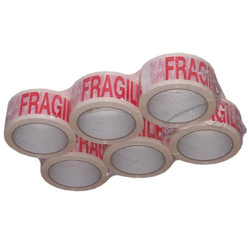 six rolls of fragile tape shrinkwrapped together on a white background