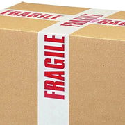 A cardboard box sealed with fragile tape on a white background