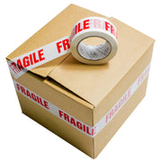 a cardboard box partially sealed with a roll of fragile tape on a white background